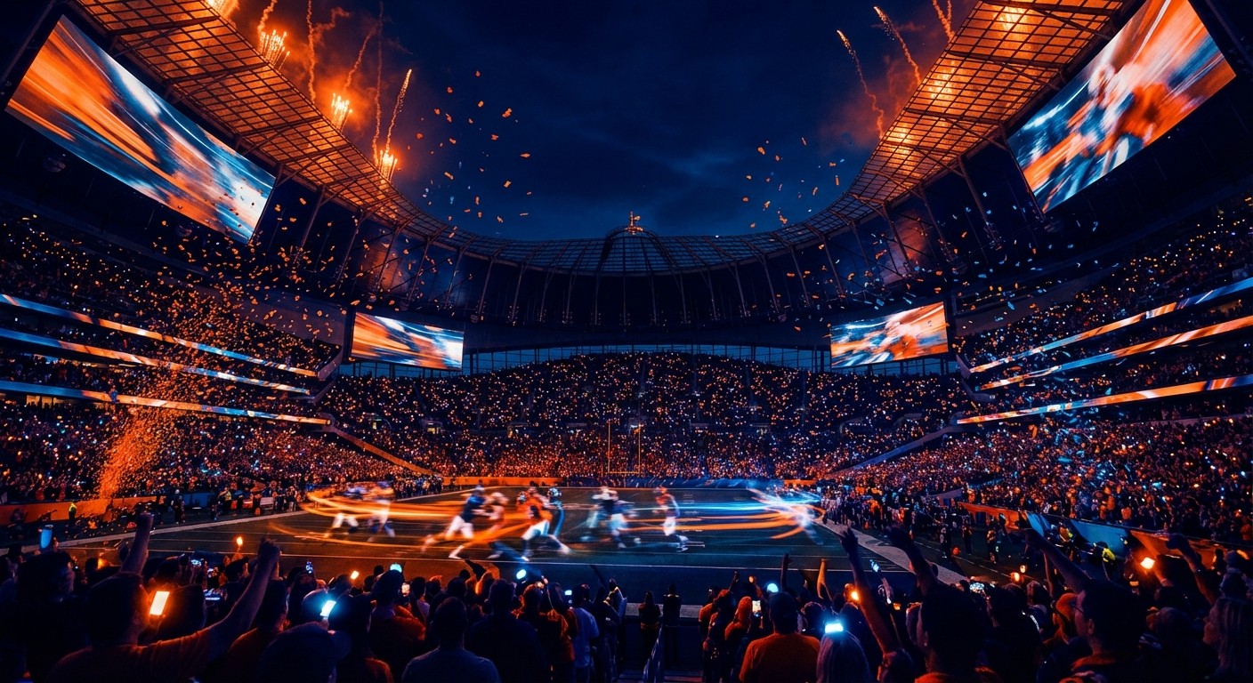 Vue aérienne d'un stade de football américain en soirée