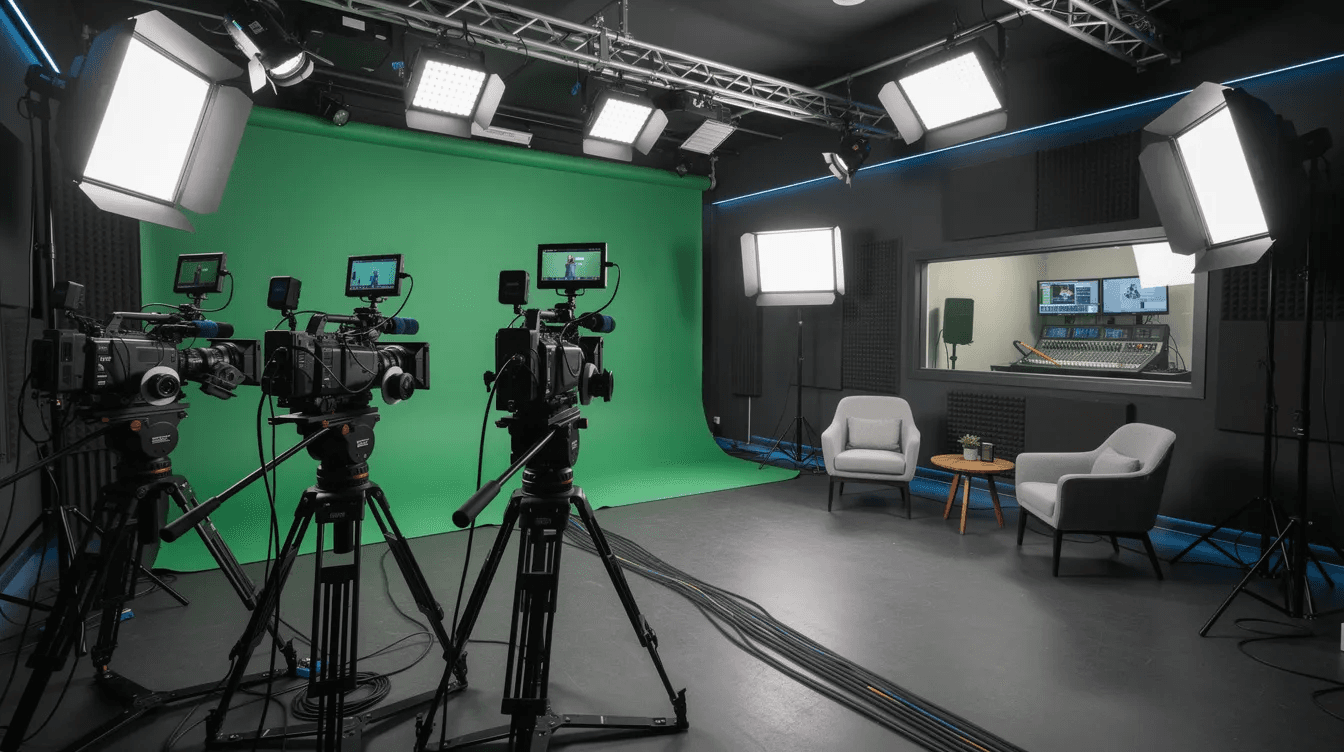 Studio de production vidéo professionnel équipé de caméras modernes et d'éclairages sophistiqués, environnement dédié à la création de contenu audiovisuel